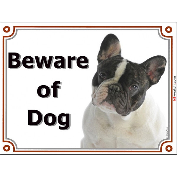 Portal Sign, 2 Sizes Beware of Dog, Brindle Pied French Bulldog head, gate plate, portal placard, door panel bouledogue français