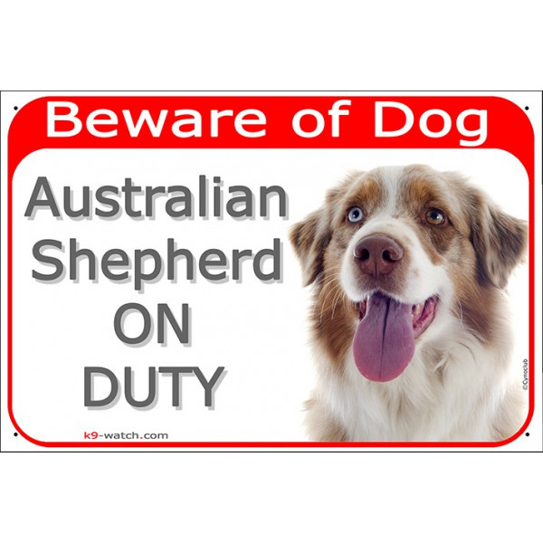Red Portal Sign "Beware of Dog, Red Merle Australian Shepherd on duty" decal adhesive car label photo Aussie