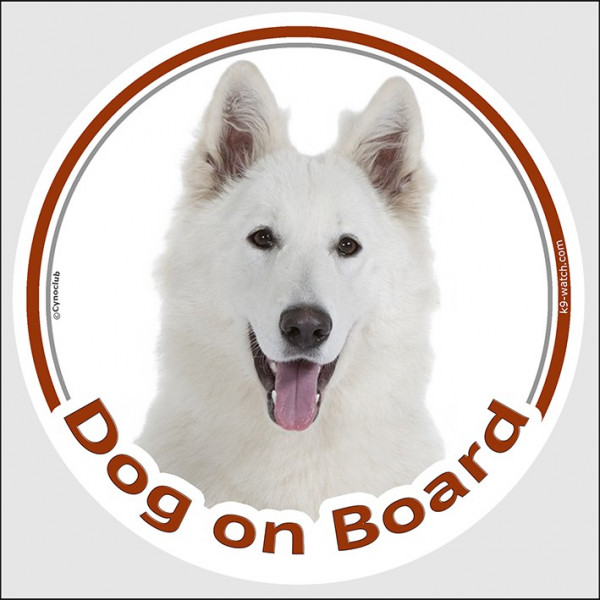 Circle sticker "Dog on board" 15 cm, American White Shepherd Head, decal adhesive car label WS