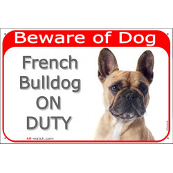 Portal Sign red 24 cm Beware of Dog, Red Fawn French Bulldog on duty, portal placard, gate plate, door panel Frenchie