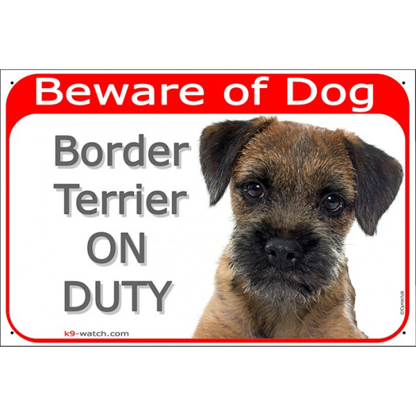 Red Portal Sign "Beware of Dog, Border Terrier on duty" gate plate, door placard panel photo notice