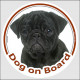 Circle sticker "Dog on board" 15 cm, Black Pug Head, decal adhesive car label