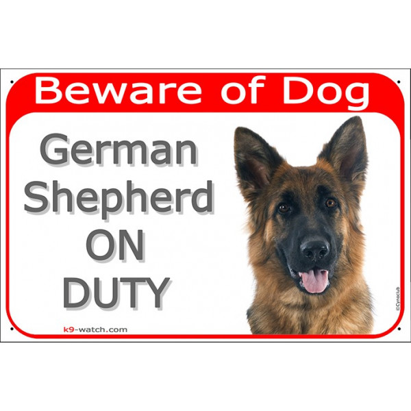 Red Portal Sign "Beware of Dog, German Shepherd medium hair on duty" gate plate door placard photo