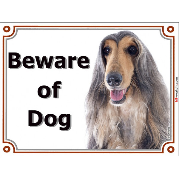 Portal Sign, 2 Sizes Beware of Dog, Blue and Cream Afghan Hound head, gate plate grey