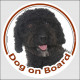 Circle sticker "Dog on board" 15 cm, black Spanish Water Dog Head, decal adhesive car label