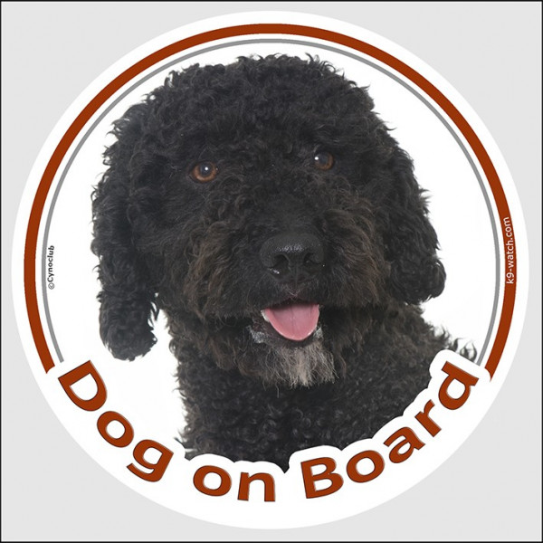 Circle sticker "Dog on board" 15 cm, black Spanish Water Dog Head, decal adhesive car label