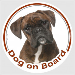 Brindle German Boxer, car circle sticker "Dog on board" decal adhesive car label photo notice