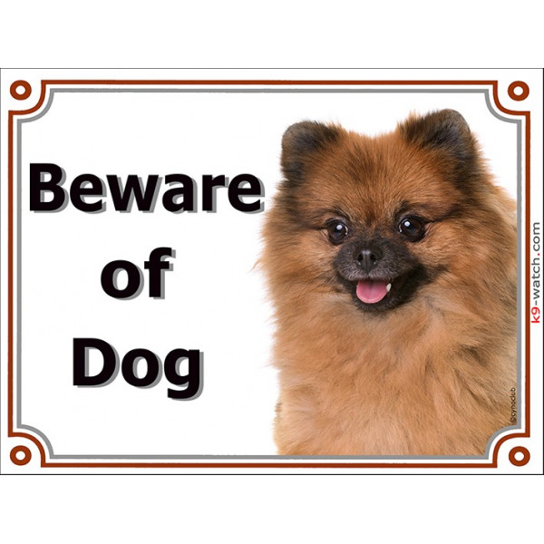 Portal Sign Beware of Dog, Orange Pomeranian head, red deutsche Spitz gate plate, placard panel