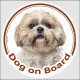 Circle sticker "Dog on board" 15 cm, gold & white Shih Tzu Head, decal adhesive car label shihtsu tsu shitzu