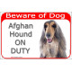 Portal Sign red 24 cm Beware of Dog, blue & cream Afghan Hound on duty