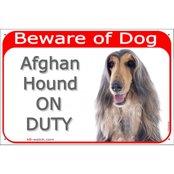 Portal Sign red 24 cm Beware of Dog, blue & cream Afghan Hound on duty, gate plate grey hound