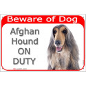 Portal Sign red 24 cm Beware of Dog, blue & cream Afghan Hound on duty