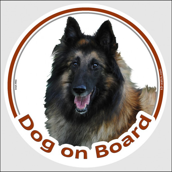 Circle sticker "Dog on board" 15 cm, Belgian Tervuren Shepherd Head, decal adhesive car label Tervueren
