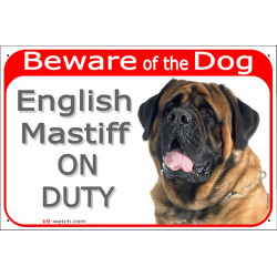 Portal Sign red 24 cm Beware of the Dog, Old English Mastiff on duty, gate plate placard panel fawn