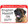 Portal Sign red 24 cm Beware of the Dog, Old English Mastiff on duty, gate plate placard panel fawn