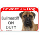 Red Portal Sign "Beware of the Dog, fawn brown Bullamstiff on duty" gate photo plate notice, Door plaque placard