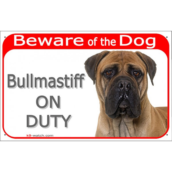 Red Portal Sign "Beware of the Dog, fawn brown Bullamstiff on duty" gate photo plate notice, Door plaque placard