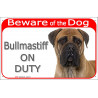 Red Portal Sign "Beware of the Dog, fawn brown Bullamstiff on duty" gate photo plate notice, Door plaque placard