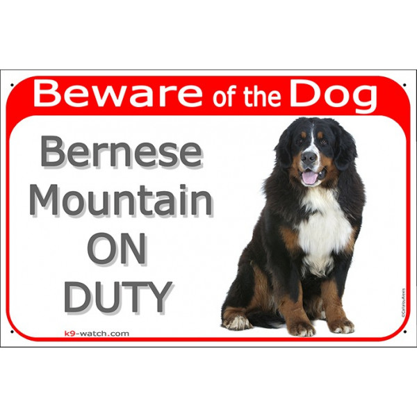 Portal Sign red 24 cm Beware of the Dog, Bernese Mountain Dog on duty seated, gate plate