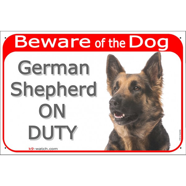 Portal Sign red 24 cm Beware of the Dog, German Shepherd long hair on duty, gate plate placard