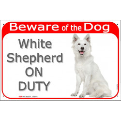 Red Portal Sign "Beware of the Dog, White Shepherd on duty" gate plate placard american canadian photo notice