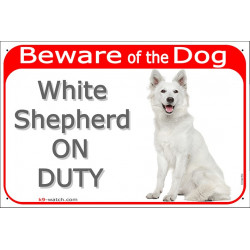 Red Portal Sign "Beware of the Dog, White Shepherd on duty" 24 cm