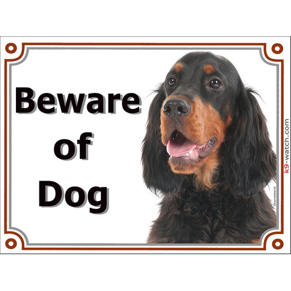 Portal Sign, 2 Sizes Beware of Dog, Setter Gordon head, gate plate black and tan placard