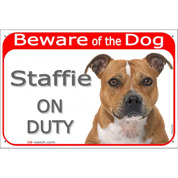 Portal Sign red 24 cm Beware of the Dog, red fawn Staffie on duty, gate plate Staffordshire Bull Terrier