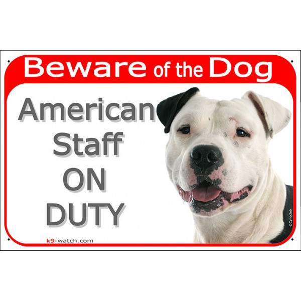 red portal Sign "Beware of the Dog, white and black Amstaff on duty" gate plate placard American Staffordshire Terrier staff pho