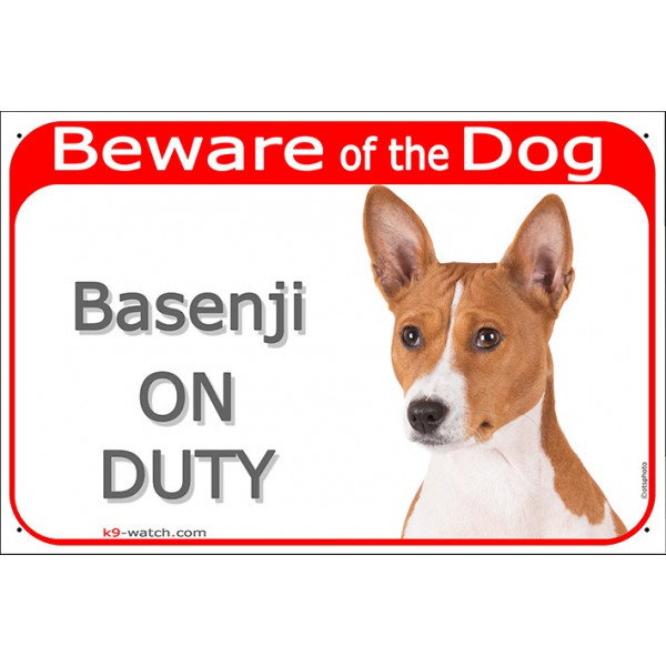 Portal Sign red 24 cm Beware of the Dog, Basenji on duty, gate plate placard