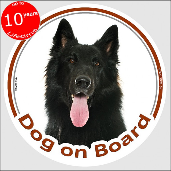 Circle sticker "Dog on board" 15 cm, Groenendael Belgian Shepherd Head, decal label car
