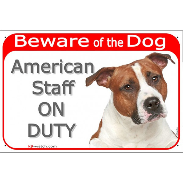 Portal Sign red 24 cm Beware of the Dog, red fawn and white Amstaff on duty, gate plate placard American Staffordshire Terrier