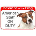 Portal Sign red 24 cm Beware of the Dog, red fawn and white Amstaff on duty