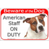 Portal Sign red 24 cm Beware of the Dog, red fawn and white Amstaff on duty, gate plate placard American Staffordshire Terrier