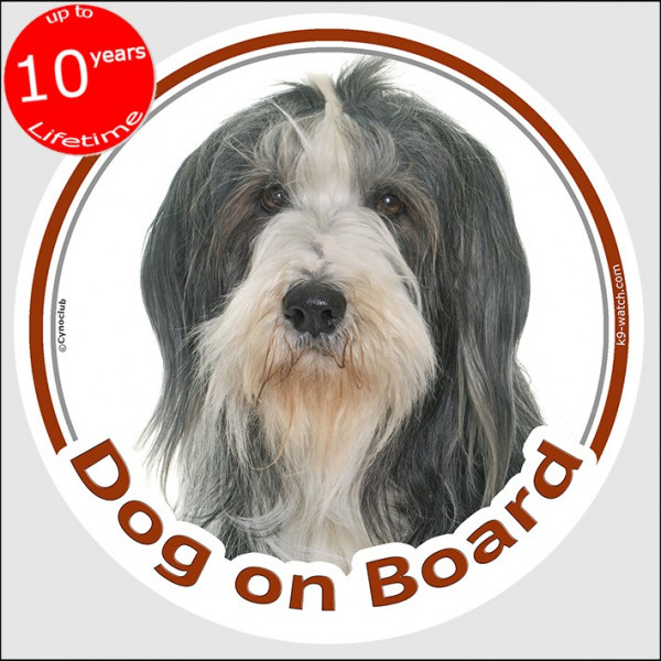 Circle sticker "Dog on board" 15 cm, black and white Bearded Collie Head, decal adhesive car label Highland Mountain Hairy Mou'e