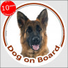 Circle sticker "Dog on board" 15 cm, medium hair German Shepherd Head, decal adhesive car label