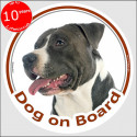 Black and white Amstaff, circle car sticker "Dog on board" 15 cm