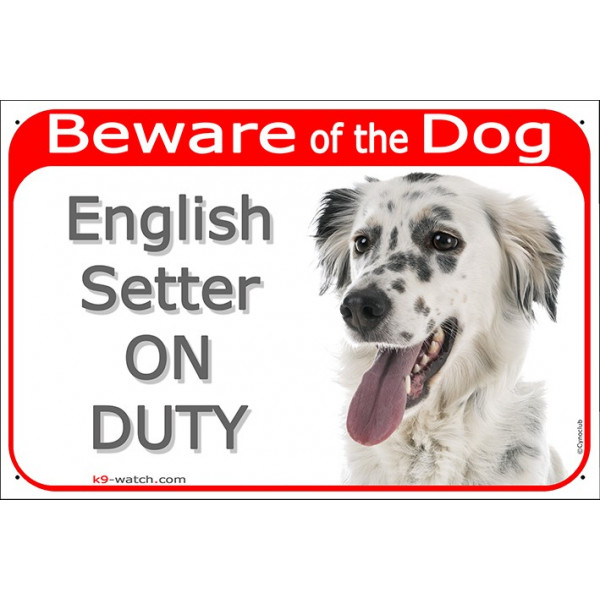 Portal Sign red 24 cm Beware of the Dog, English Setter on duty, gate plate British dog photo placard Lawerack Laverack Llewelli