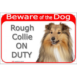 Red Portal Sign "Beware of the Dog, Rough Collie on duty" Gate plate english Scottish Lassie dog photo notice