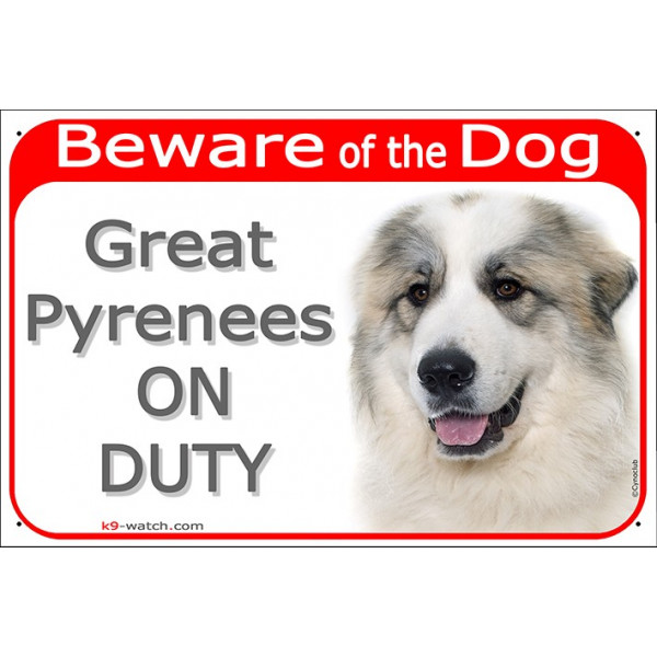 Red Portal Sign "Beware of the Dog, Great Pyrenees on duty" gate plate Pyrenean Mountain Dog, notice Patou photo