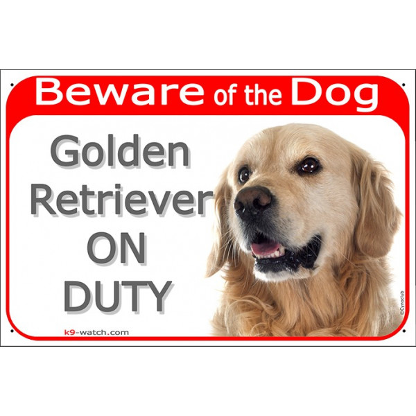 Red Portal Sign "Beware of the Dog, Golden Retriever on duty" 24 cm gate plate notice dog photo