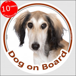 fawn and white Saluki, circle sticker "Dog on board" 15 cm, car decal label adhesive dog photo greyhound persan notice