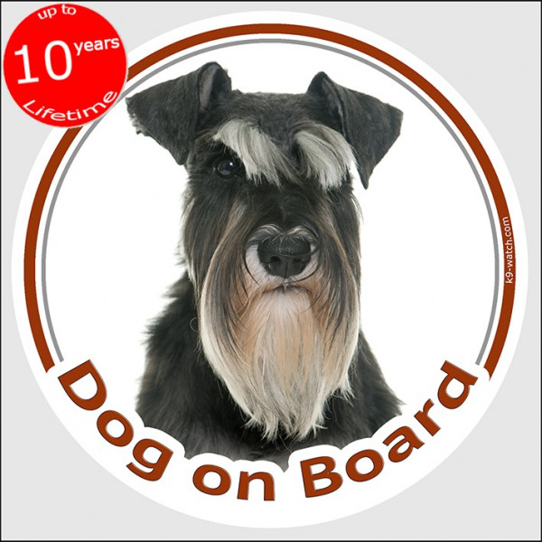 Schnauzer black and silver, car circle sticker "Dog on board" 15 cm, photo decal label adhesive notice