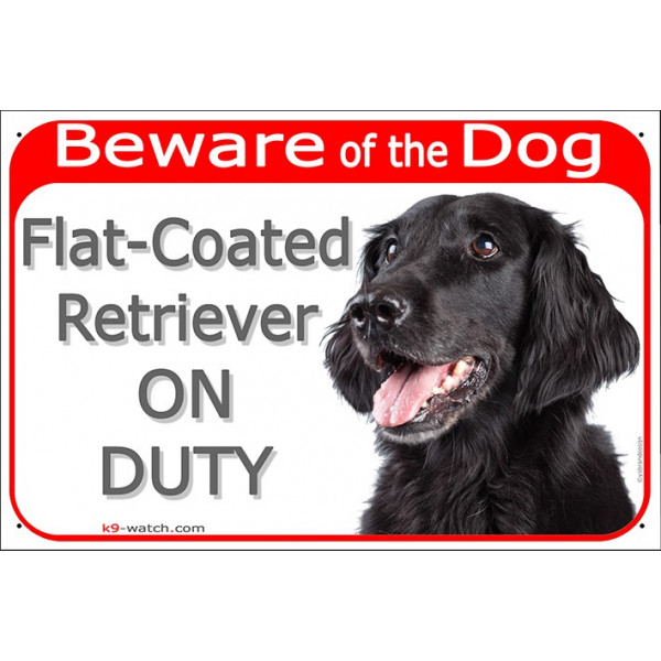 Red Portal Sign "Beware of the Dog, black Flat-Coated Retriever on duty" 24 cm, gate plate notice photo