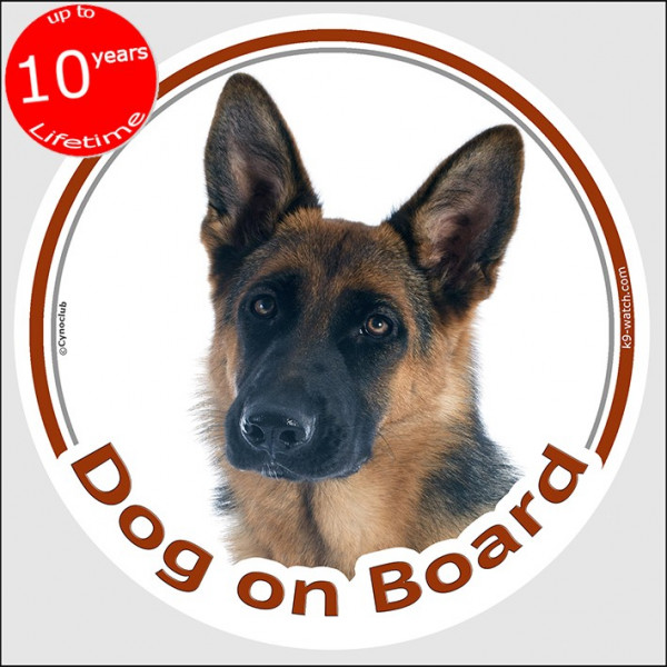 German Shepherd short hair, circle sticker "Dog on board" 15 cm, car decal label adhesive dog photo