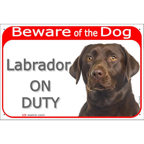 Red Portal Sign "Beware of the Dog, brown Chocolate Labrador retriever on duty" 24 cm gate plate photo notice