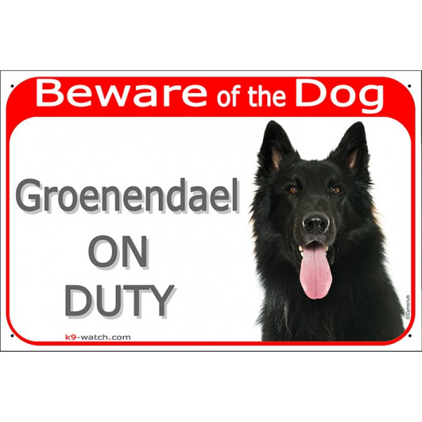 Red Portal Sign "Beware of the Dog, Groenendael Belgian Shepherd on duty" 24 cm, gate plate photo notice, panel placard Belgium 