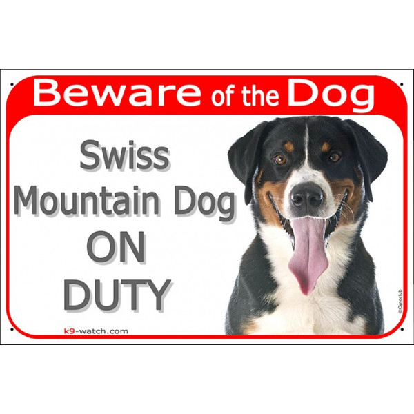 Red Portal Sign "Beware of the Dog, Swiss Mountain dog on duty" 24 cm, gate plate photo notice Sennenhund cattle