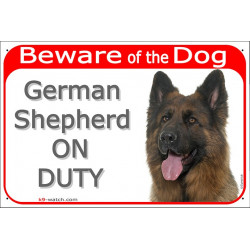 Red Portal Sign "Beware of the Dog, Longhaired German Shepherd on duty" Gate plate photo notice Alsatian wolf Deutscher hairs S