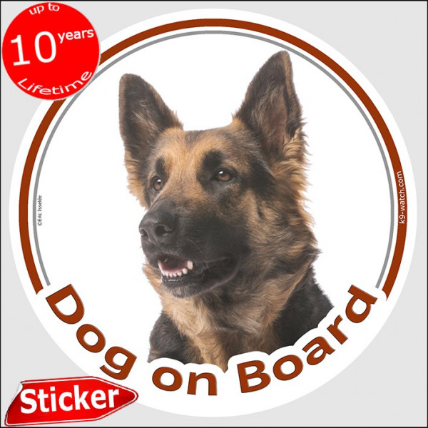 Black and Tan Long hair German Shepherd, circle sticker "Dog on board" 15 cm, car decal label adhesive photo notice